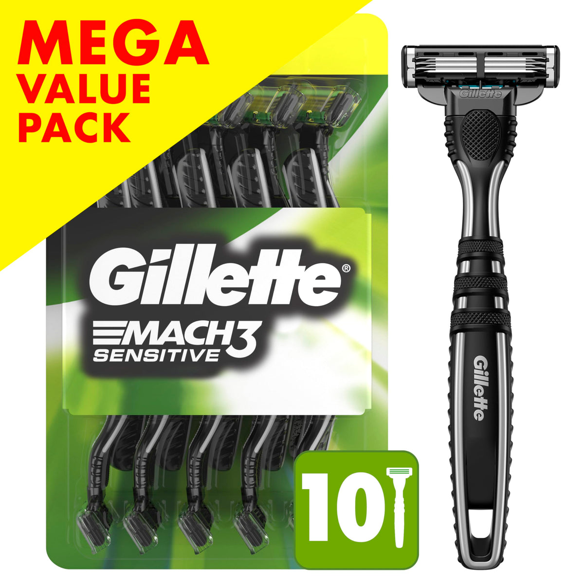 Gillette Mach3 rubber-textured handle close-up emphasizing wet-grip control