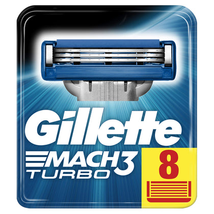 Gillette Mach3 Turbo front packaging showing eight cartridges and longer glide