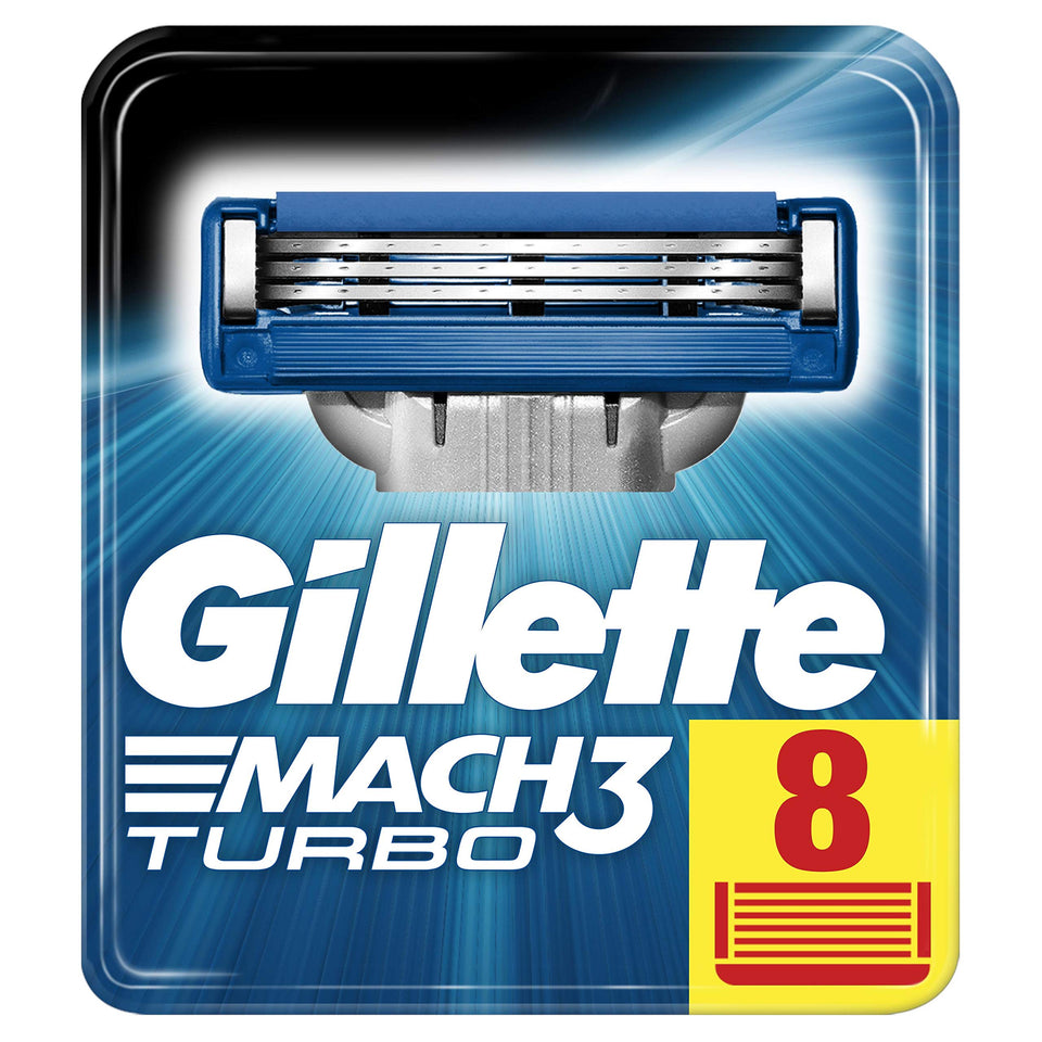 Gillette Mach3 Turbo front packaging showing eight cartridges and longer glide