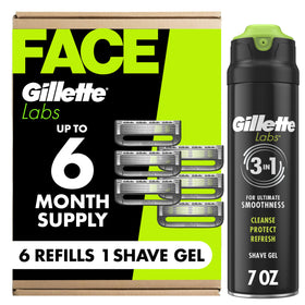 gillette packaging front showing refills and shave gel, highlights convenience