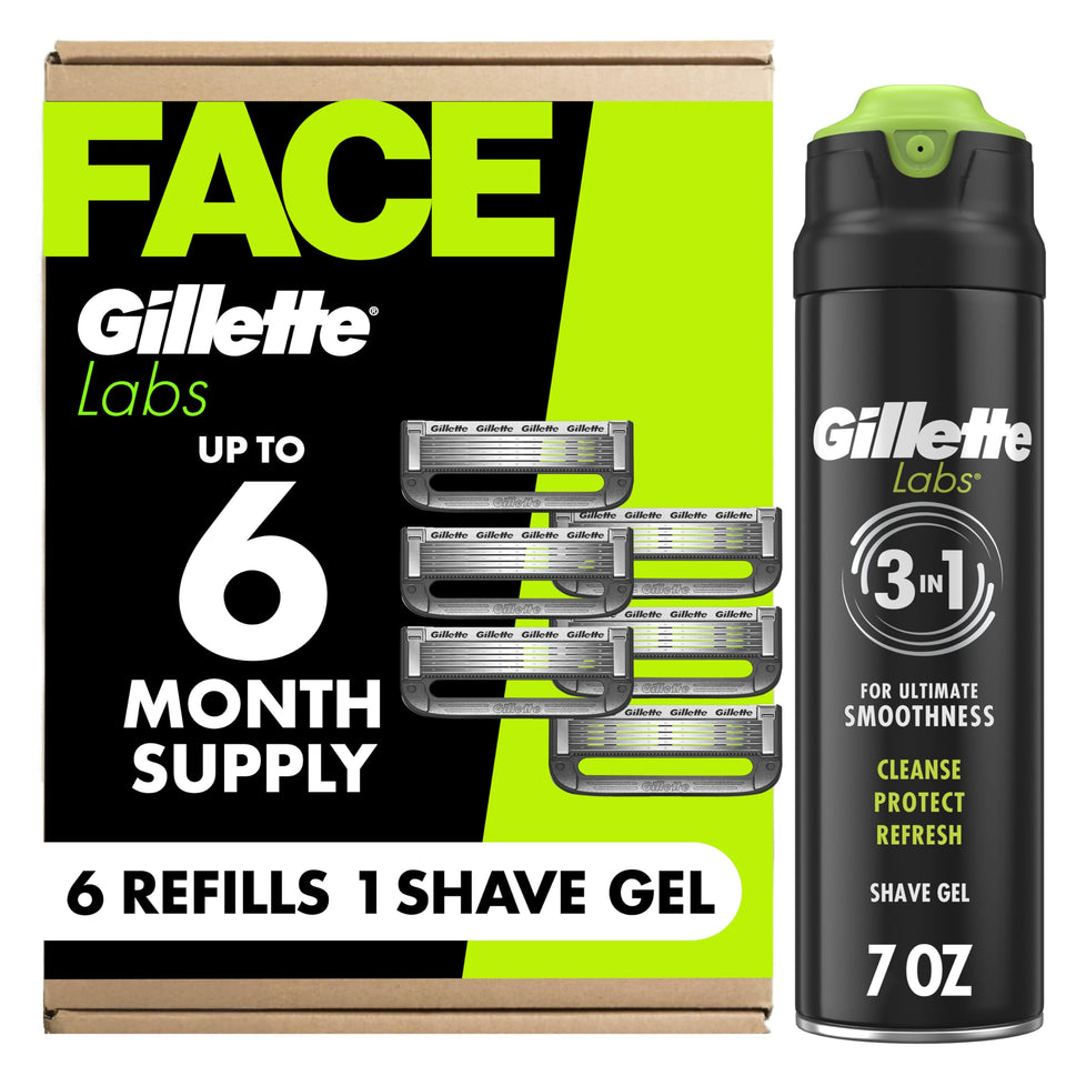 gillette packaging front showing refills and shave gel, highlights convenience