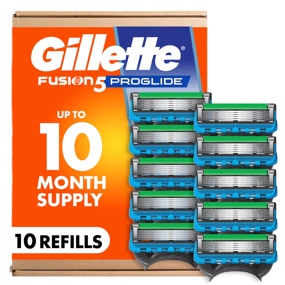 Gillette Fusion5 ProGlide front packaging showing ten cartridges for lasting supply