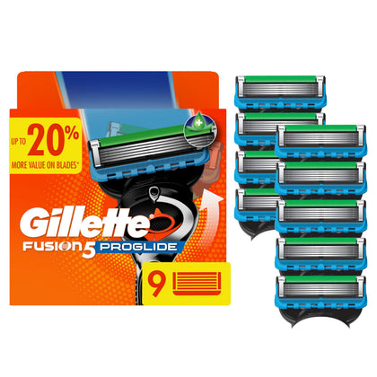Gillette ProGlide front packaging showing nine blade refills for reliable shaving