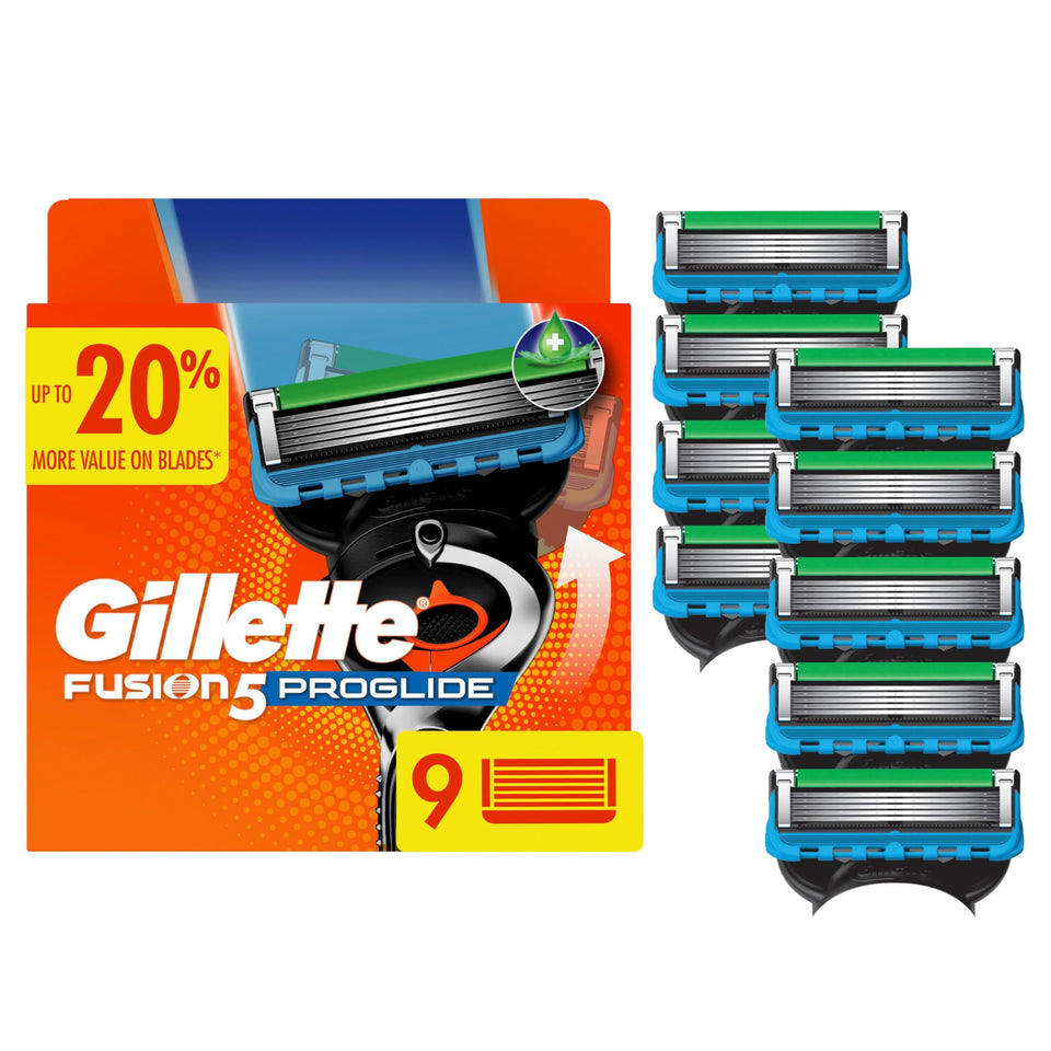 Gillette ProGlide front packaging showing nine blade refills for reliable shaving