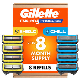 Gillette pack front view showing Chill and Shield refill variety and convenience