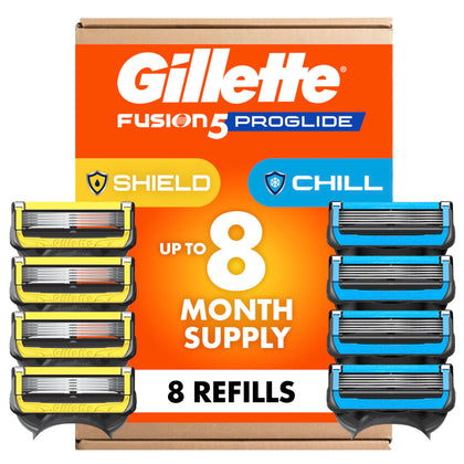 Gillette pack front view showing Chill and Shield refill variety and convenience