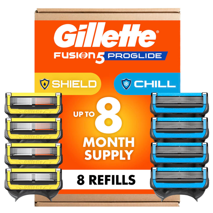 Gillette pack front view showing Chill and Shield refill variety and convenience