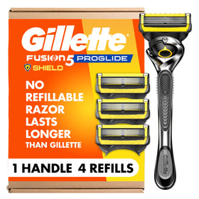 Gillette ProGlide Shield front packaging showing included handle and refills for convenience