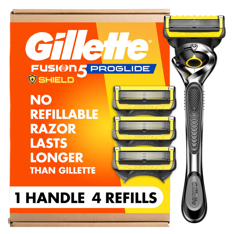 Gillette ProGlide Shield front packaging showing included handle and refills for convenience