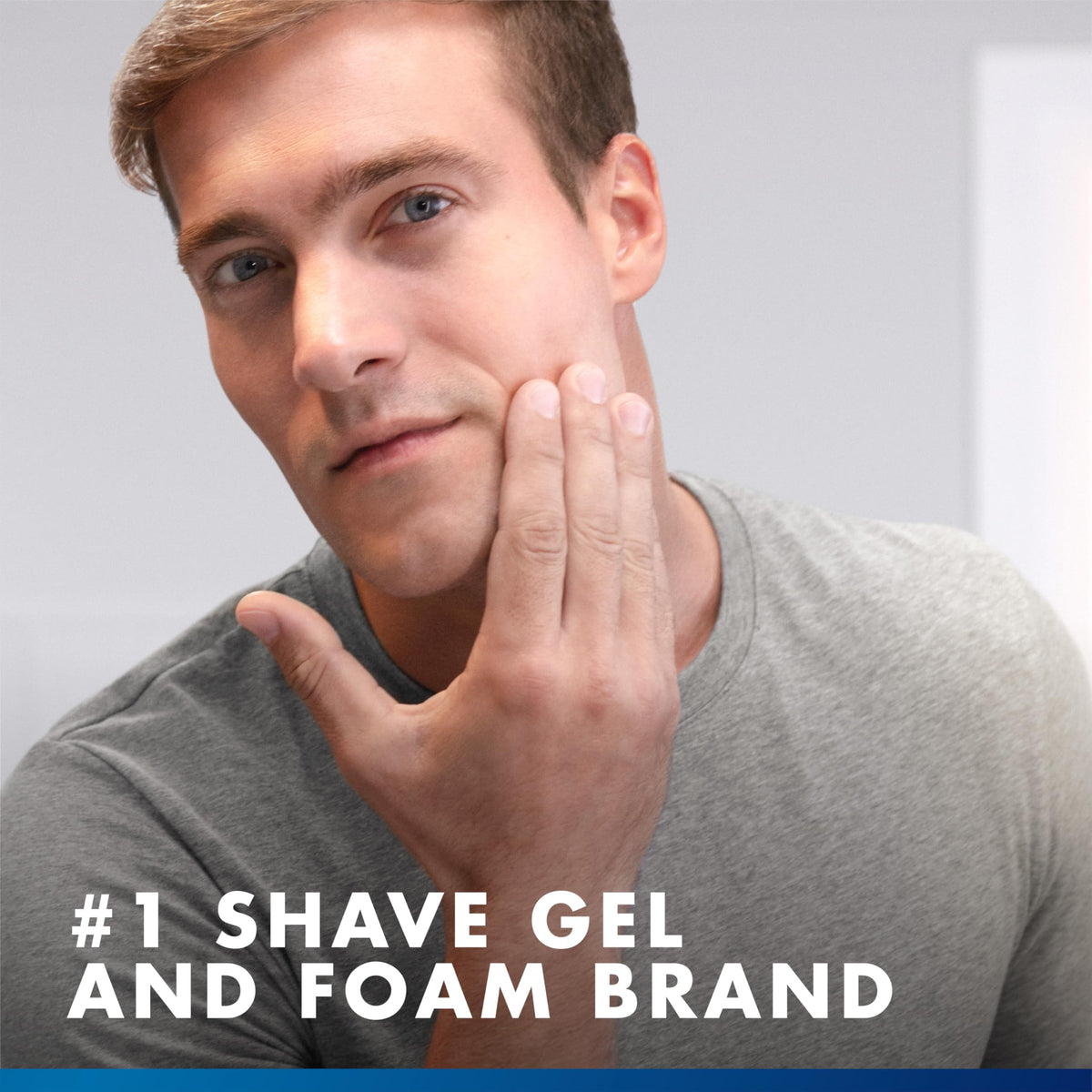 Gillette cans on bathroom shelf in lifestyle scene showing daily routine fit