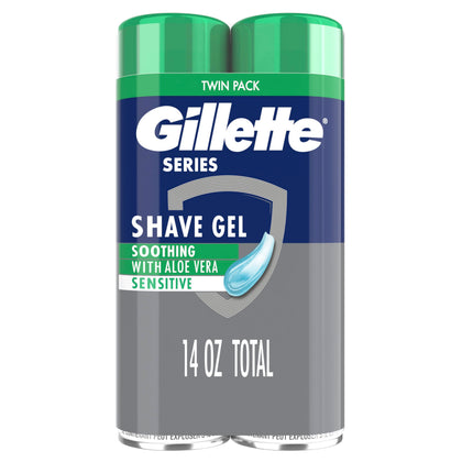 Gillette sensitive twin pack front view showing cans and branding benefits