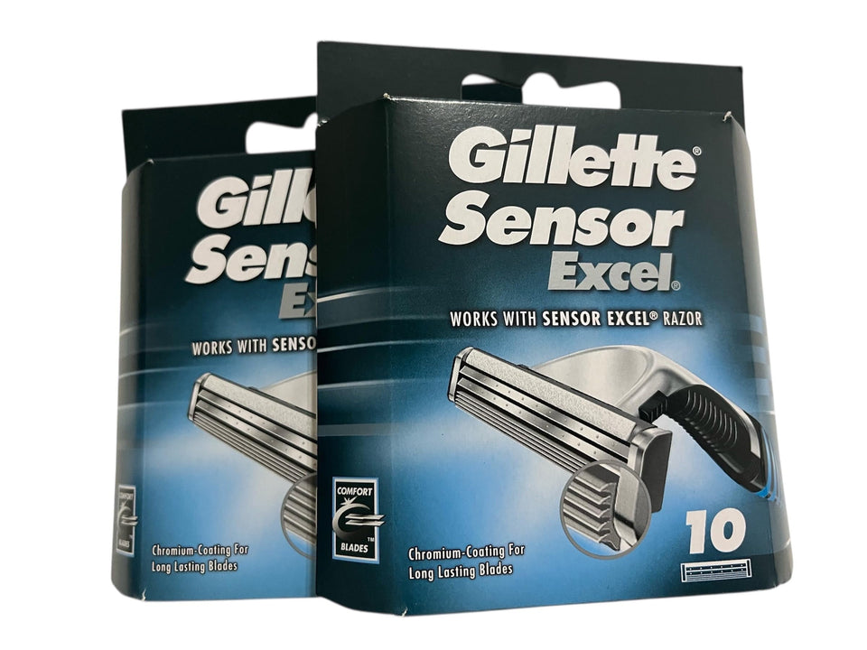 Gillette Sensor Excel front packaging showing two 10-count packs for value