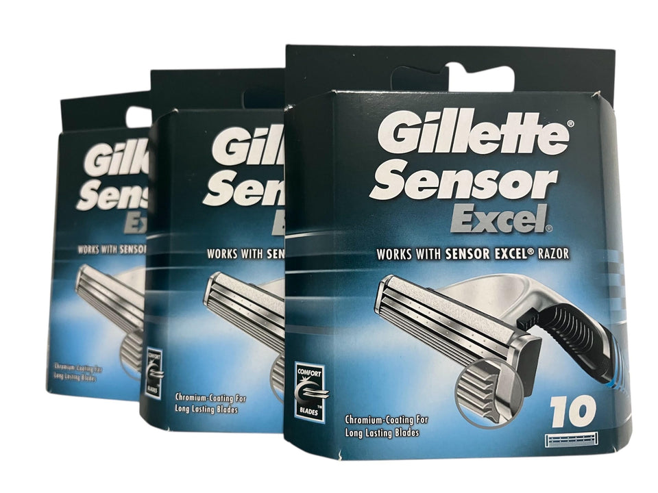 Gillette Sensor Excel front packaging showing 10-count pack benefit