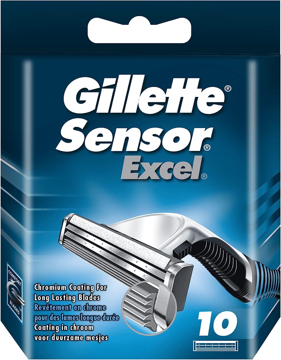 Gillette Sensor Excel front packaging showing 10-count refills and quick benefit