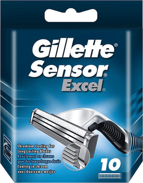 Gillette Sensor Excel front packaging showing 10-count refills and quick benefit