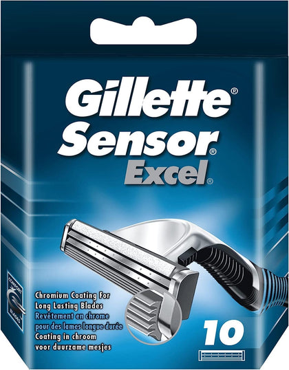 Gillette Sensor Excel front packaging showing 10-count refills and quick benefit