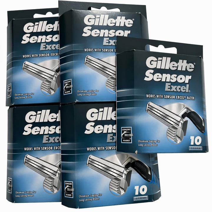 Gillette Sensor Excel front packaging showing 5x10 pack and quantity benefit
