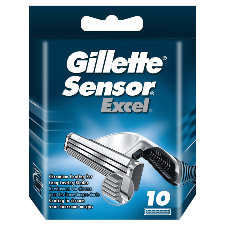 Gillette Sensor Excel front packaging showing ten replacement blades and convenience