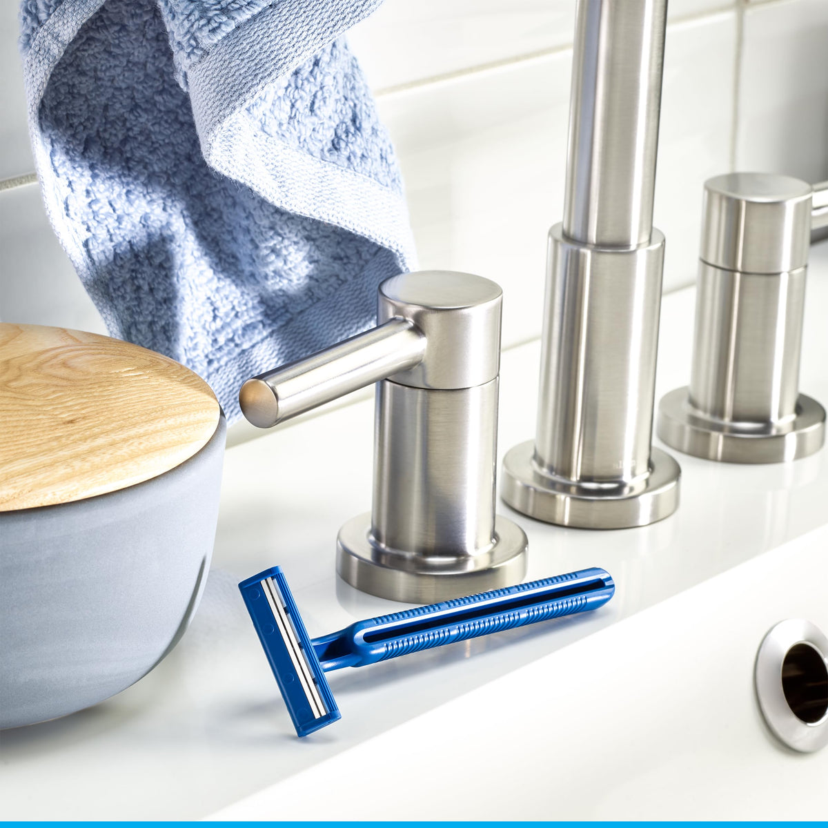 Gillette Sensor2 in bathroom setting showing convenience and ready-to-use benefit