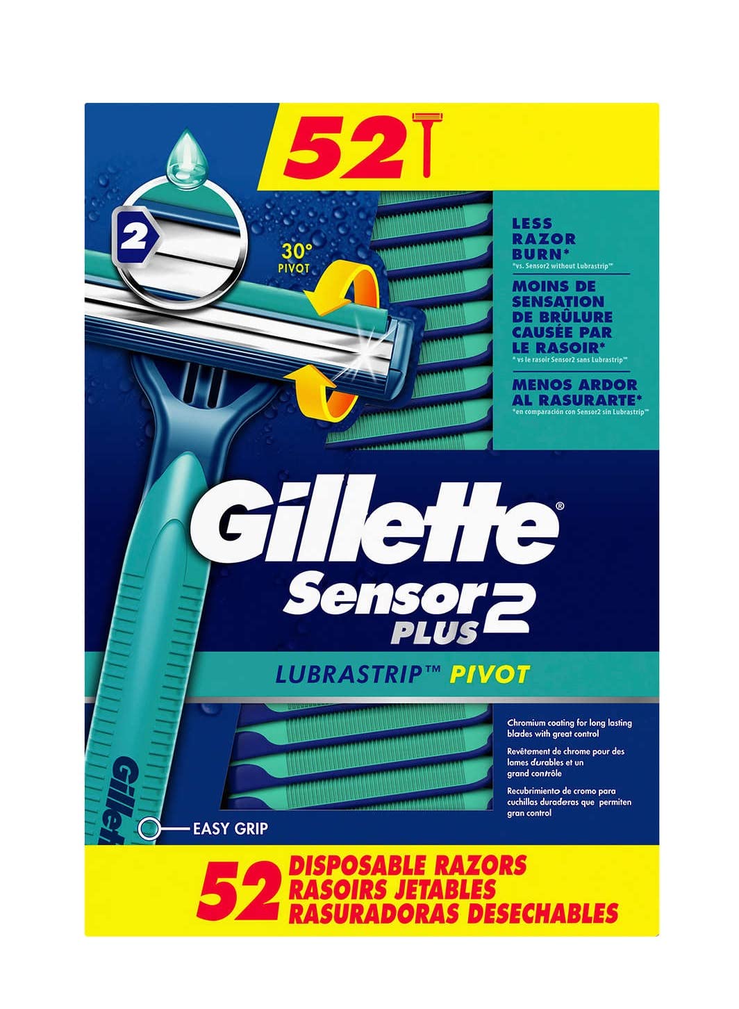 Gillette Sensor2 Plus front packaging showing 52-pack value and clear branding benefit