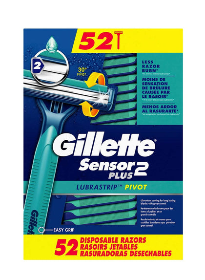 Gillette Sensor2 Plus front packaging showing 52-pack value and clear branding benefit