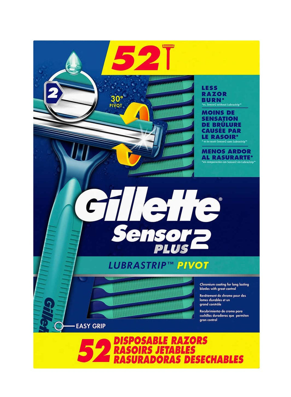 Gillette Sensor2 Plus front packaging showing 52-pack value and clear branding benefit