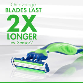 Gillette Sensor3 close-up of three chromium-coated blades for smoother shaves