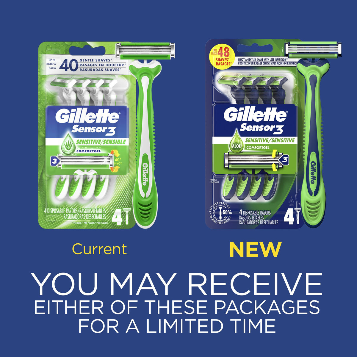 Gillette Sensor3 close-up of three chromium-coated blades highlighting smoother shaves