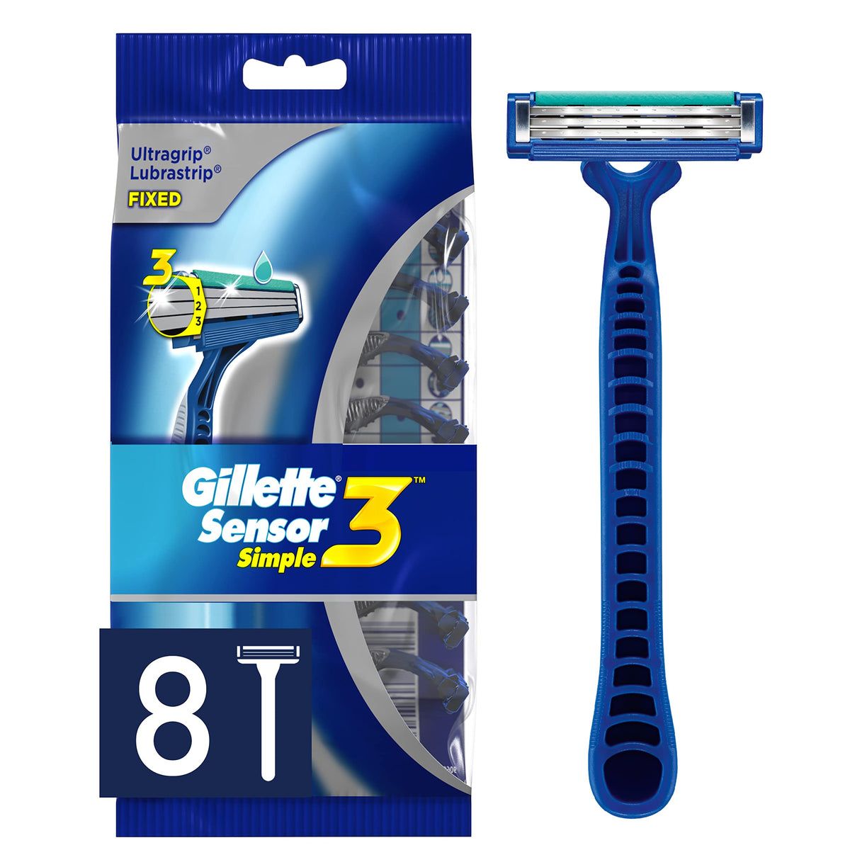 Gillette Sensor3 front packaging showing eight disposables and brand clarity