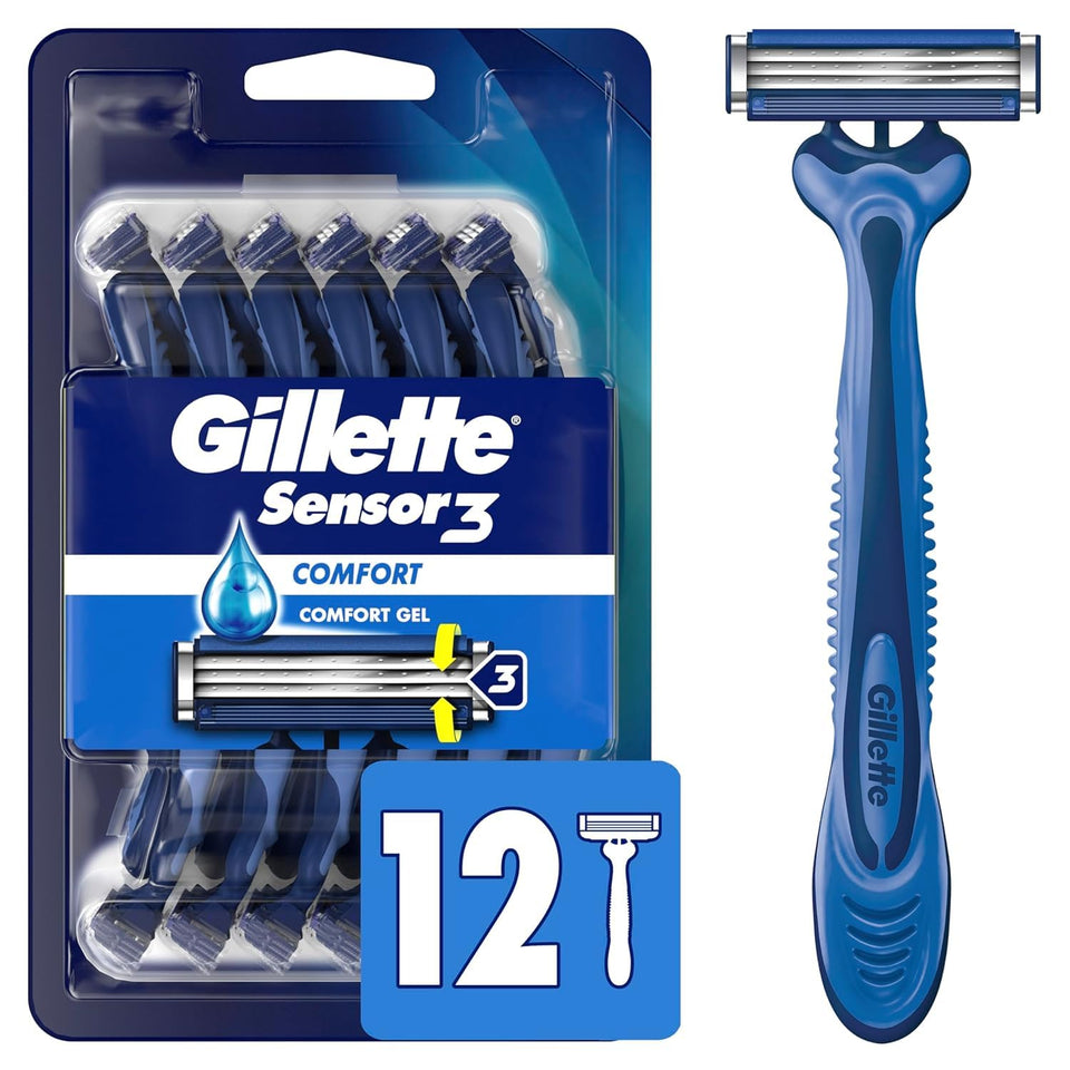 Gillette Sensor3 front pack showing 12 razors and convenience