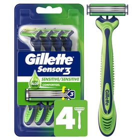 Gillette Sensor3 front packaging showing four disposables and clear product view for convenience