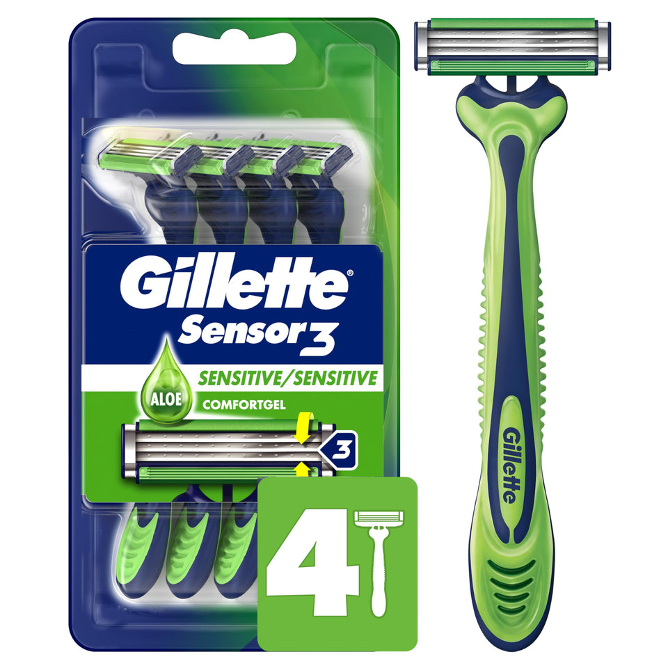 Gillette Sensor3 front packaging showing four disposables and clear product view for convenience