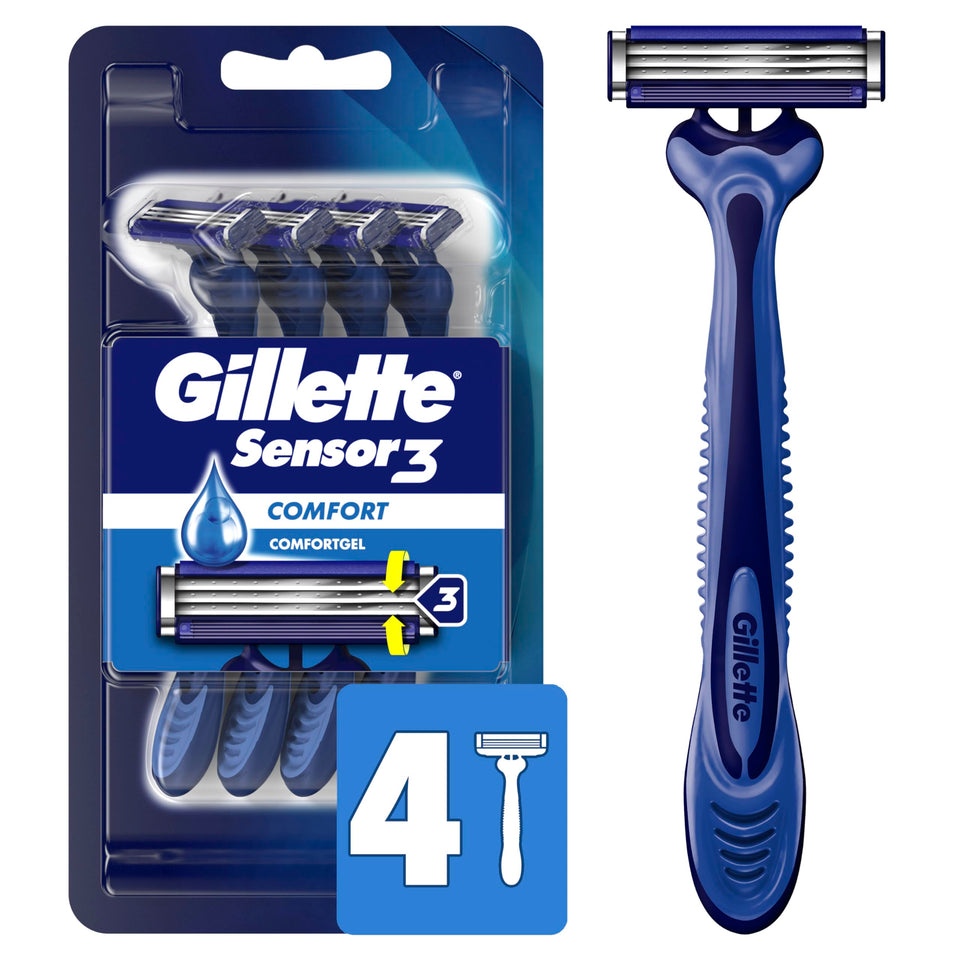 Gillette Sensor3 front packaging showing 4-count pack and benefits