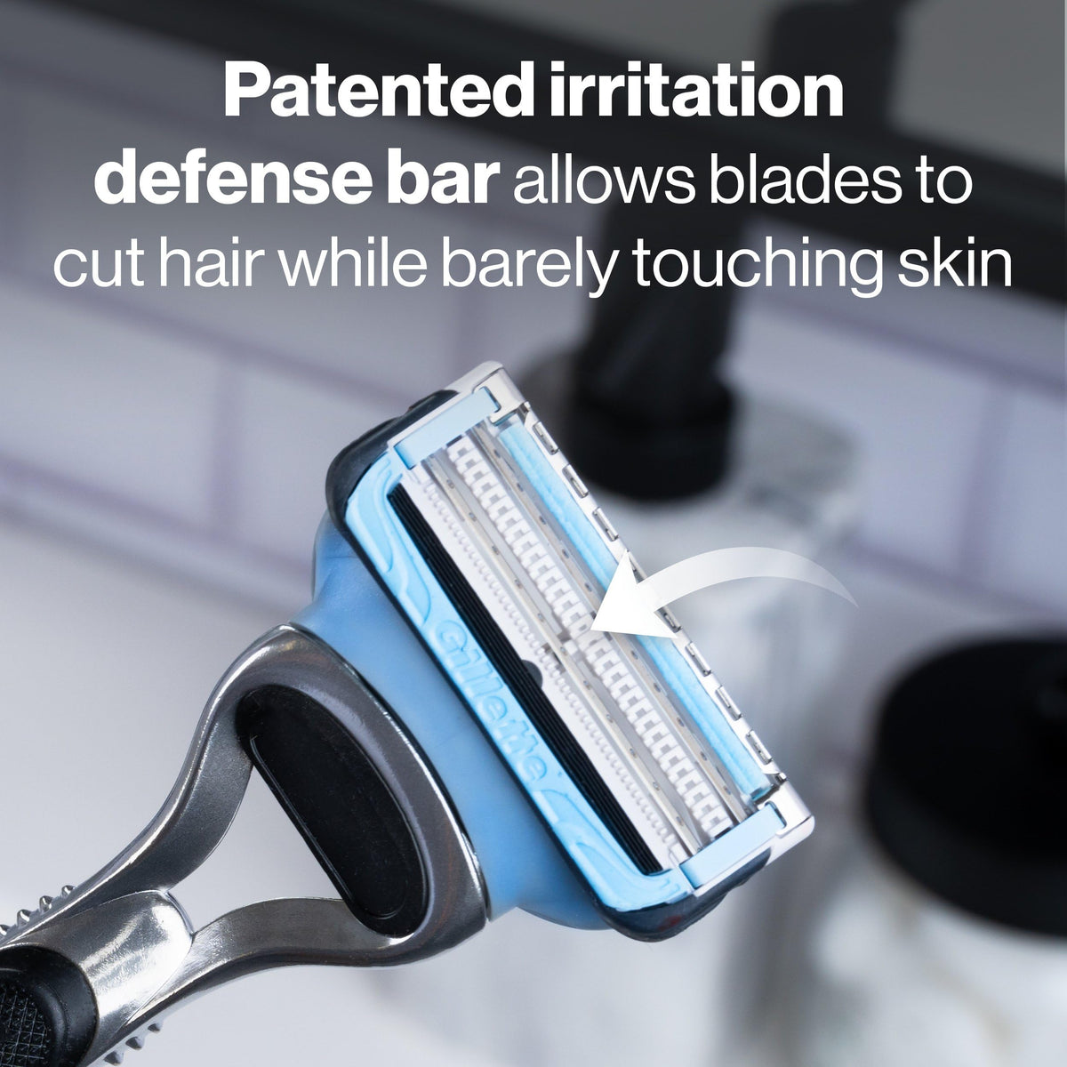 Close-up of Gillette SkinGuard blade edge highlighting thinner blades for gentler shaving