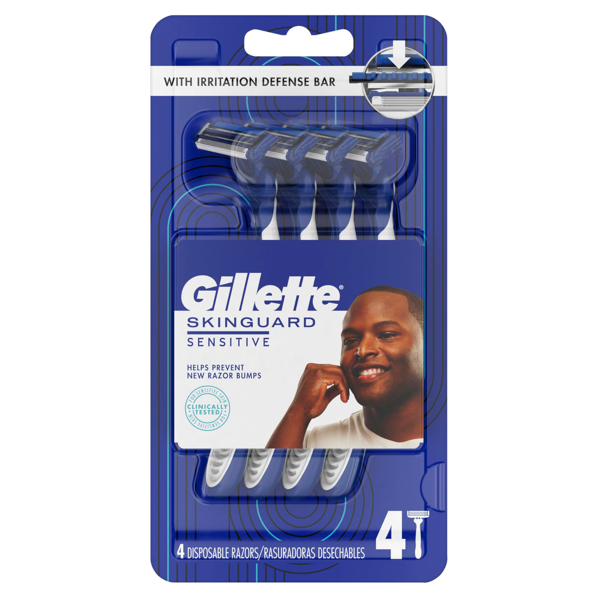 Four Gillette SkinGuard razors laid out to show pack contents and travel readiness