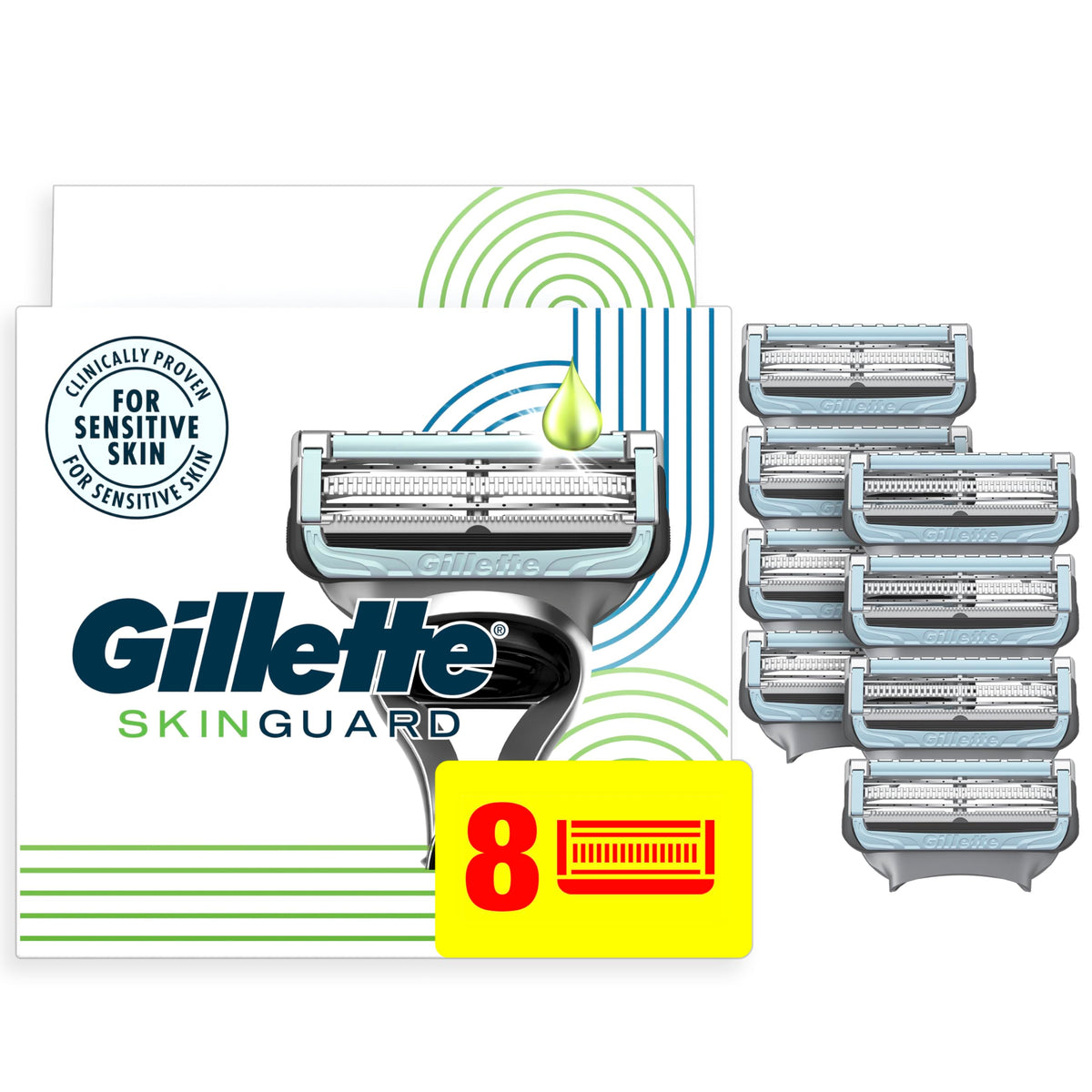 Gillette SkinGuard front packaging showing eight cartridges for easy replacement benefit