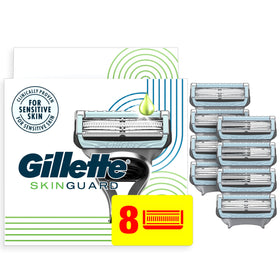 Gillette SkinGuard front packaging showing eight cartridges for easy replacement benefit