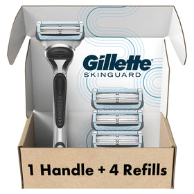 Gillette SkinGuard front packaging showing included handle and four refills for sensitive skin