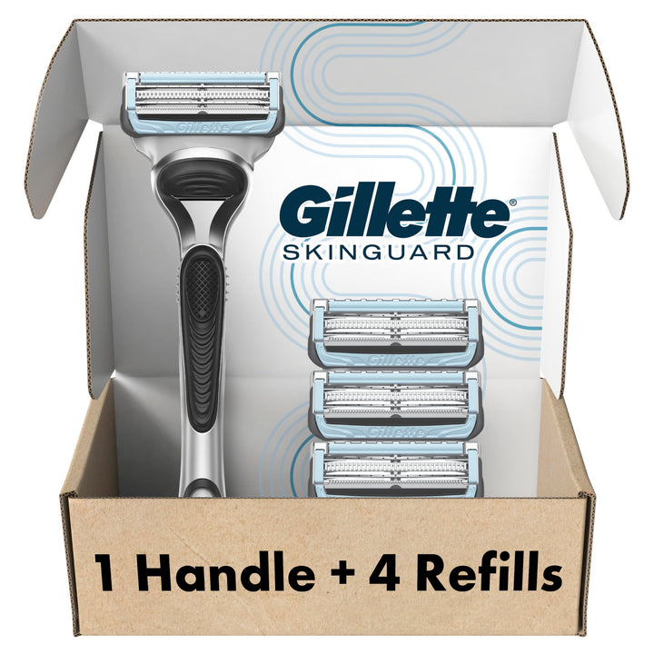 Gillette SkinGuard front packaging showing included handle and four refills for sensitive skin