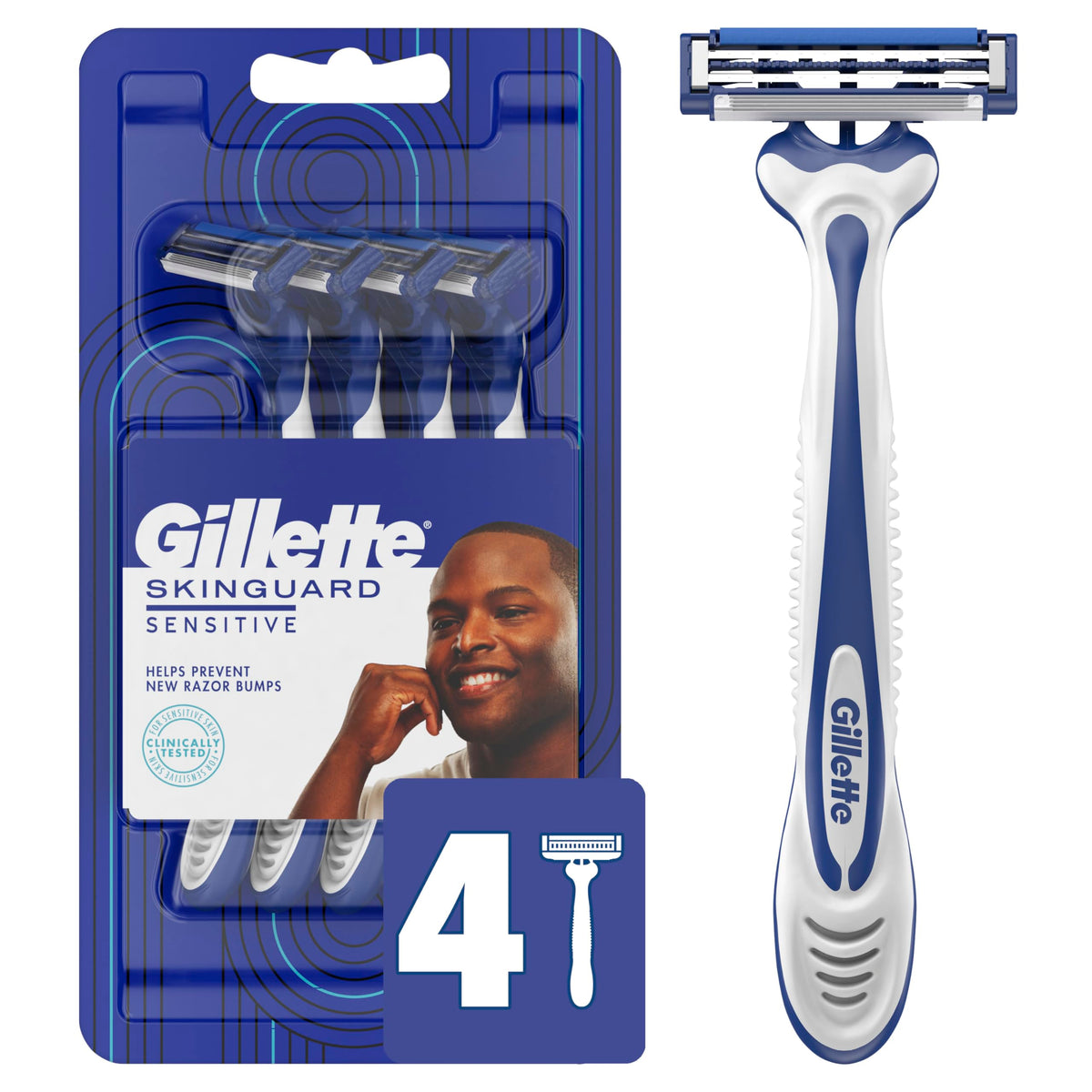 Gillette SkinGuard front packaging showing four-count, gentle shave protection