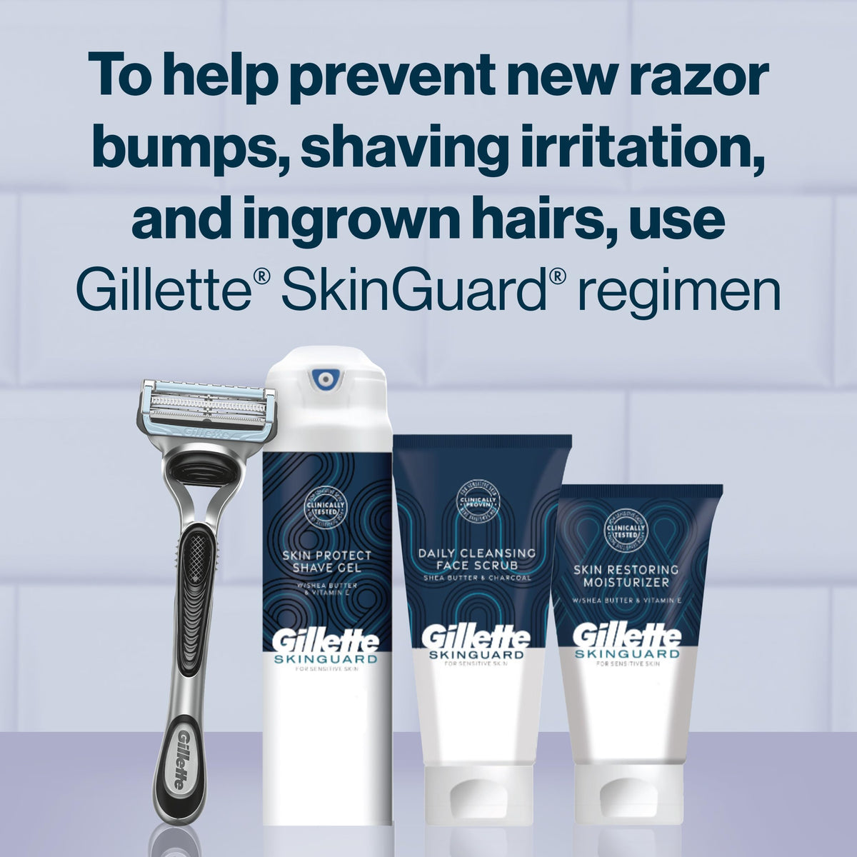 Man shaving with Gillette SkinGuard in sink, demonstrating reduced tug and irritation