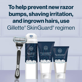 Man shaving with Gillette SkinGuard in sink, demonstrating reduced tug and irritation