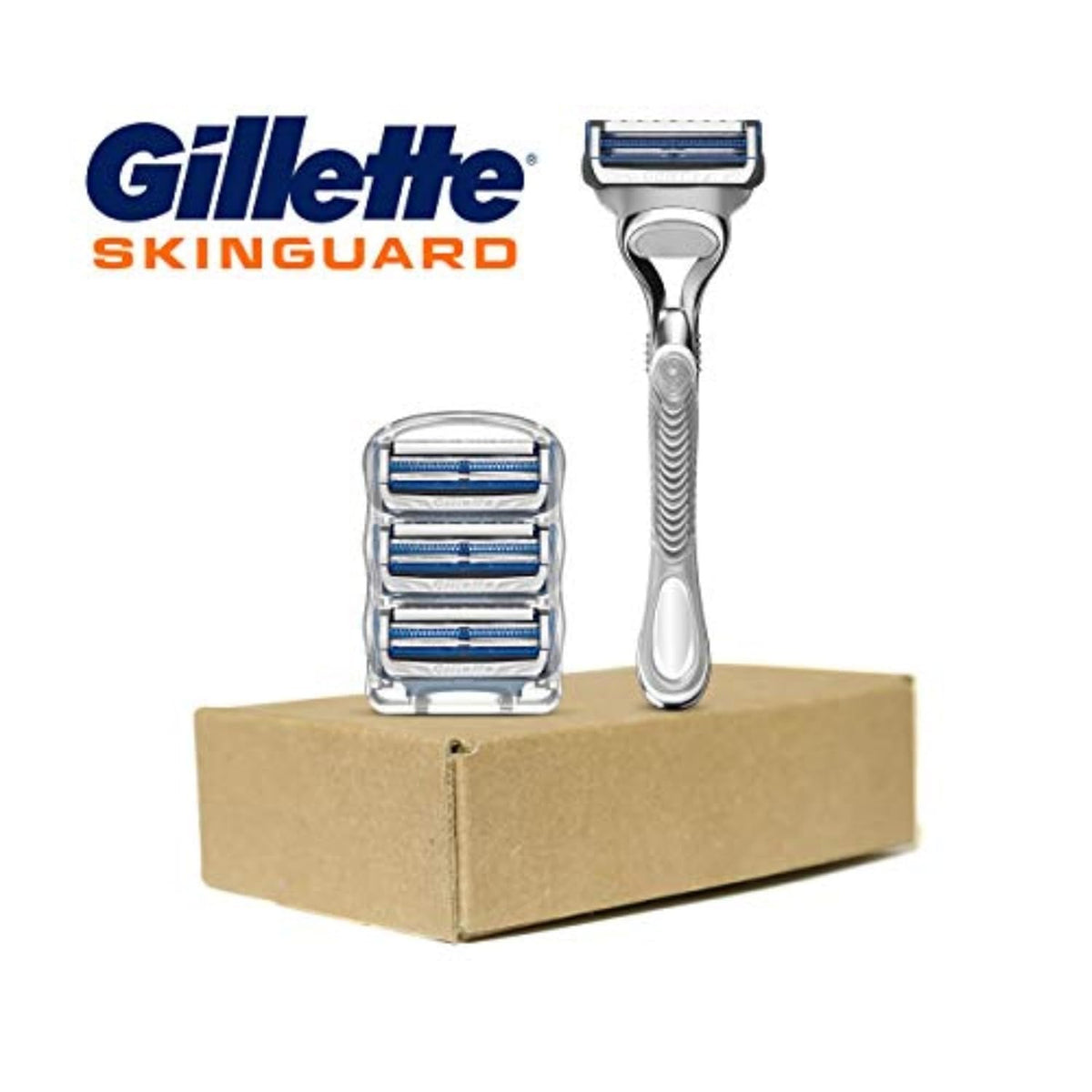 Gillette SkinGuard set arranged on bathroom counter suggesting a soothing shaving routine