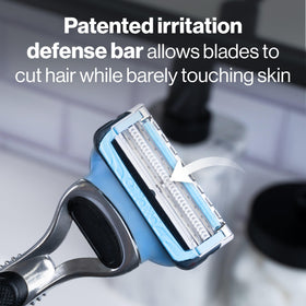 Gillette SkinGuard barrier detail showing SkinGuard smoothing skin for less irritation