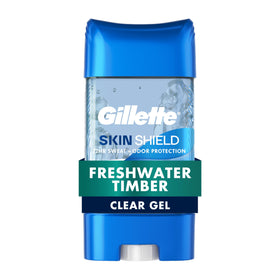 Gillette SkinShield front packaging showing clear gel and Freshwater Timber scent benefits