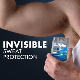 Gillette SkinShield product label detail emphasizing 72 hour sweat and odor protection benefit