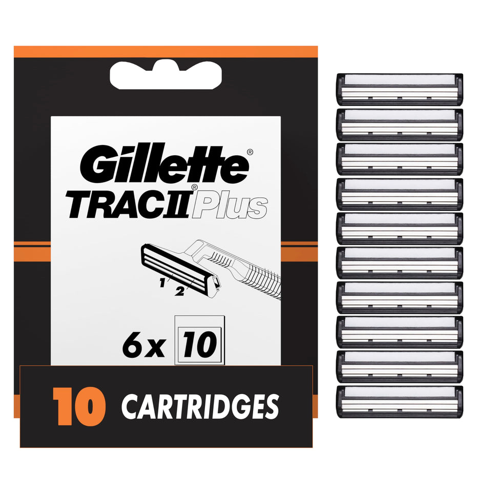 Gillette TRAC II Plus front packaging showing ten cartridges and convenience