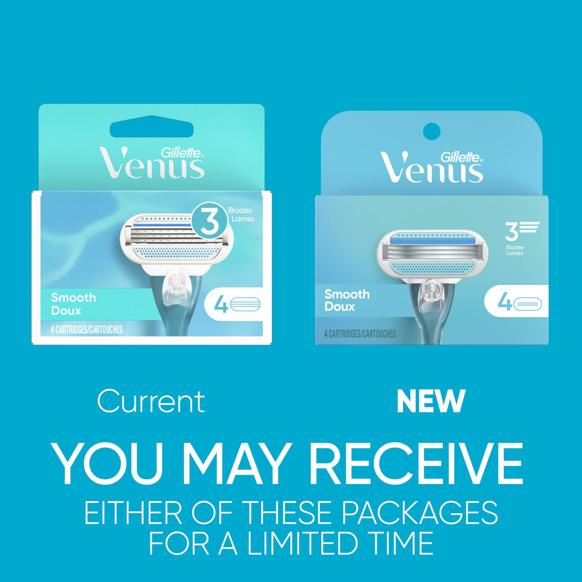Gillette Venus cartridge close-up highlighting three blades and smooth shaving
