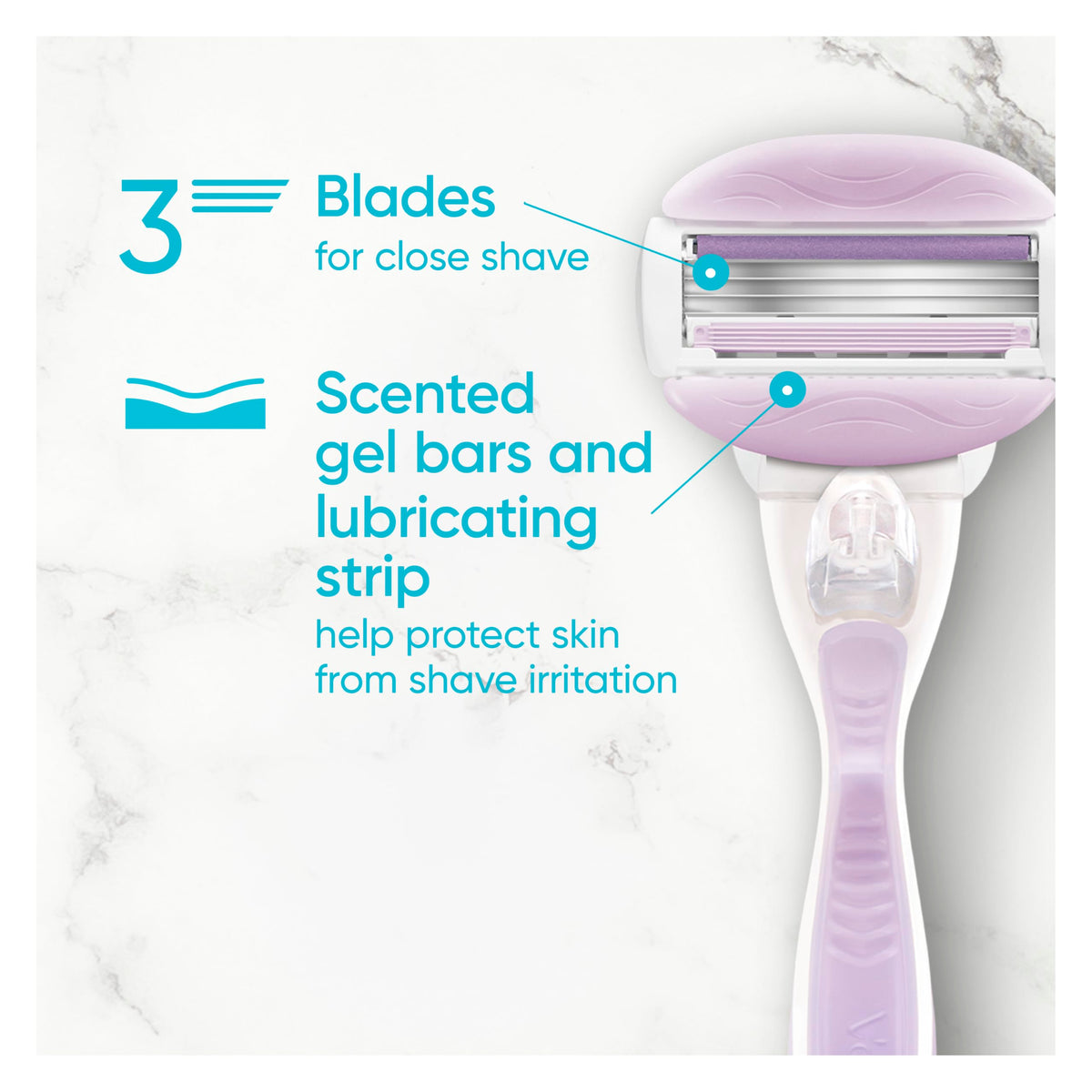 Gillette Venus close-up of integrated freesia gel bar, easy lathering benefit