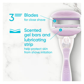 Gillette Venus close-up of integrated freesia gel bar, easy lathering benefit